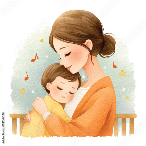 Mother gently cradles her sleeping baby in a tender embrace of love.