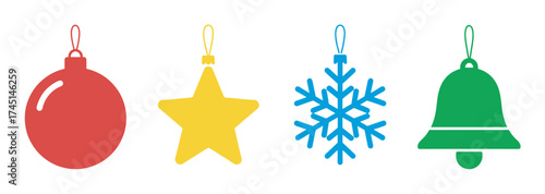 Four colorful hanging christmas ornaments, including a red ball, yellow star, blue snowflake, and green bell, isolated on a white background.
