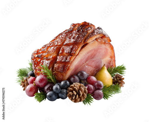 Festive holiday ham with fresh fruits and pinecones on a transparent background, cut out