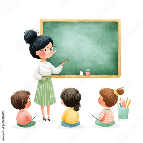 Teacher teaching students in a classroom environment with blackboard.