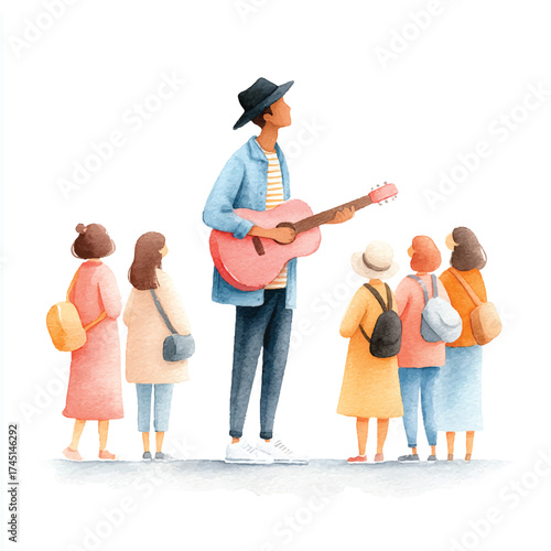 Teacher playing guitar for a group of young students in a watercolor illustration.