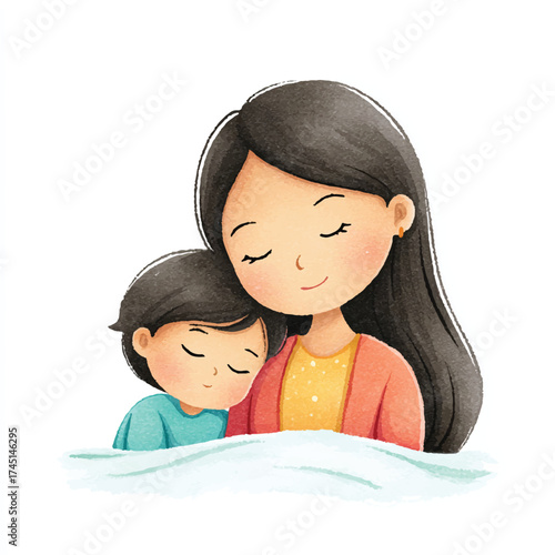 Mother lovingly embracing her child.