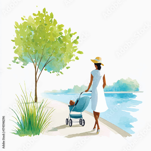 Mother pushing a baby stroller outdoors in a serene setting.