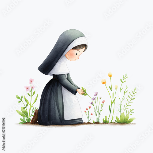 Nun tending to a garden of delicate white flowers.