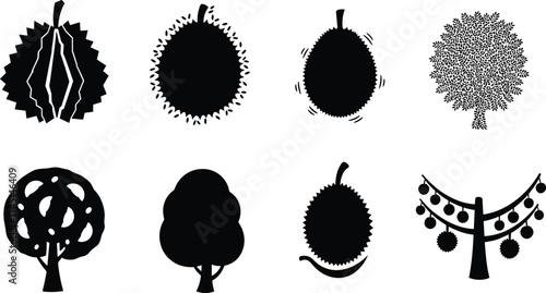 Durian fruit and tree silhouettes, tropical vector icons, abstract orchard illustration, decorative black designs, isolated foliage set, exotic agriculture elements