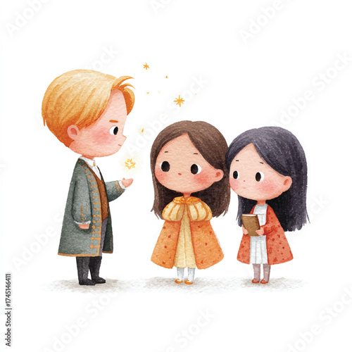 Three adorable cartoon characters in a heartwarming interaction.