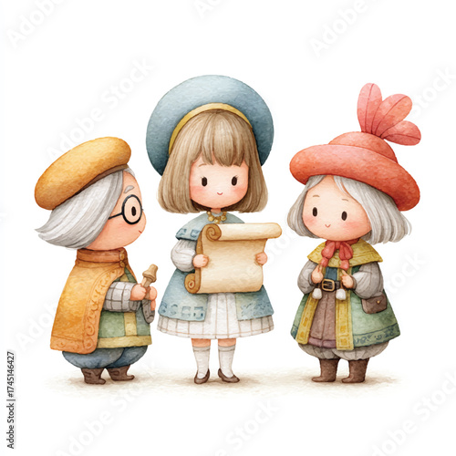 Three adorable cartoon characters in colorful outfits holding a scroll together.