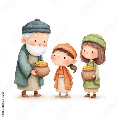Three cartoon characters holding golden bowls in a festive scene.
