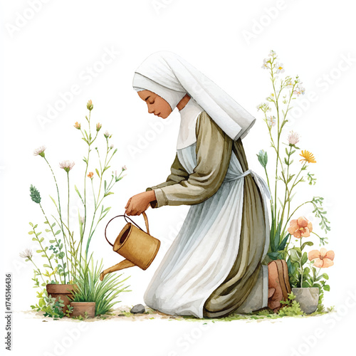 Nuns tending a garden, caring for plants, religious devotion, peaceful scene, nurturing nature.