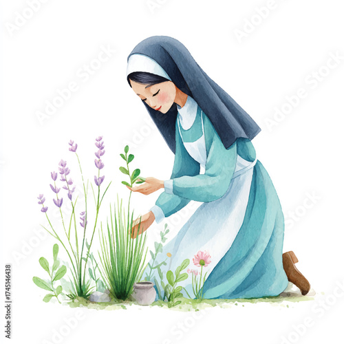 Nun tending to plants in a garden with gentle care.
