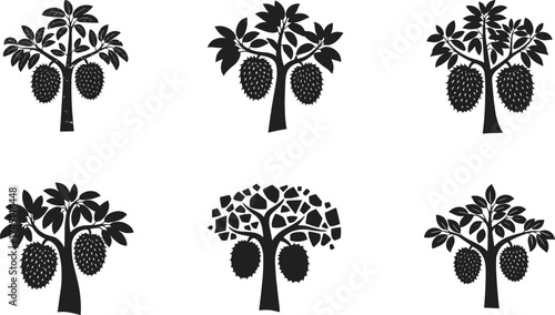 Durian tree silhouette illustration, black fruit tree icons with durians, tropical orchard design, abstract foliage vector, decorative botanical art collection
