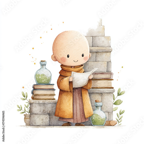 Peaceful Monk Focused on Reading.