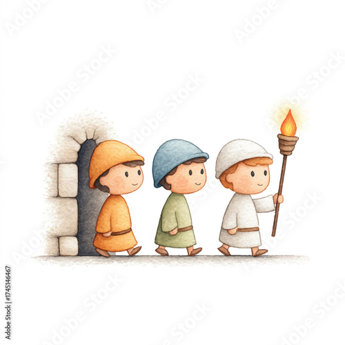 Three cartoon children with hats and a torch exploring a mysterious place.