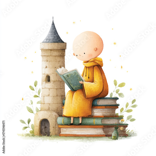 Peaceful monk reading books on stack of books in front of a tower.