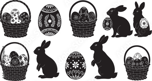 Easter rabbit silhouettes, decorated egg baskets, festive bunny poses, spring celebration, black figures, floral patterns, seasonal art, cute animals, holiday theme, minimal, bold