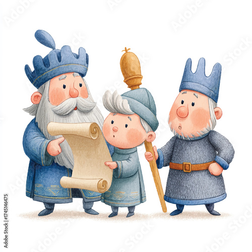 Three cartoon kings in blue robes holding a scroll.