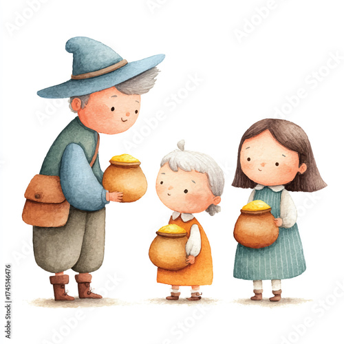 Three charming cartoon characters sharing honey pots, a whimsical scene of generosity and community.