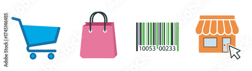 Colorful icons representing a shopping cart, pink bag, barcode, and a storefront for retail and e-commerce themes.