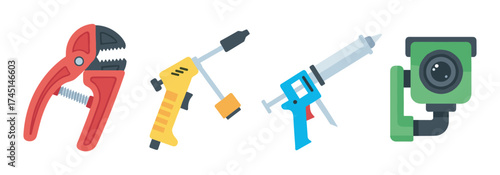 Collection of colorful modern construction tools including a red pipe wrench, yellow power drill, blue caulking gun, and green security camera.