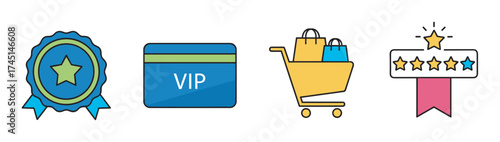 Colorful icons depicting a blue ribbon with a star, a vip card, a shopping cart with bags, and a five-star review badge.