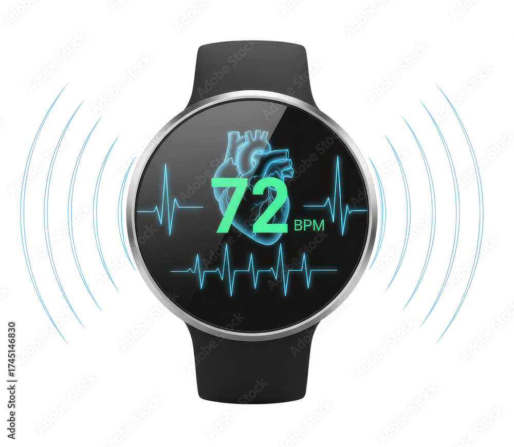 custom made wallpaper toronto digitalSmartwatch Displaying Heart Rate Data with Neon Blue Waveforms on Transparent Background