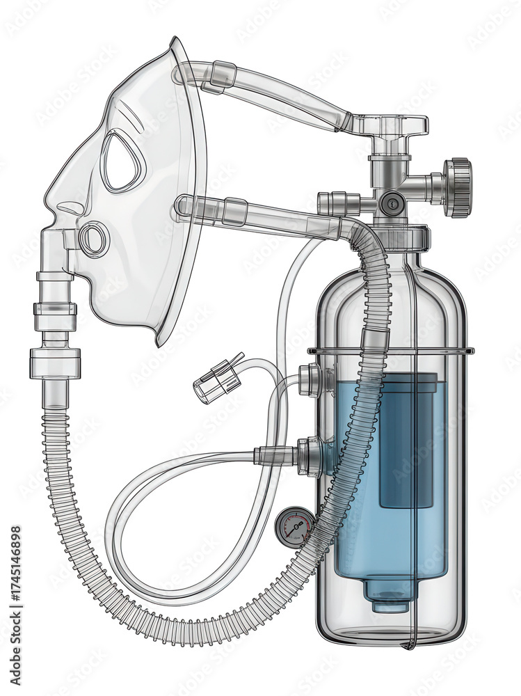 Fototapeta premium Oxygen Mask Nebulizer System with Humidifier Bottle and Tubing on Transparent Background