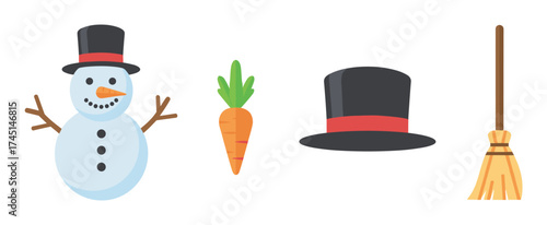 A cheerful snowman with a black top hat and carrot nose, next to a loose carrot, black hat, and broomstick on a white background.