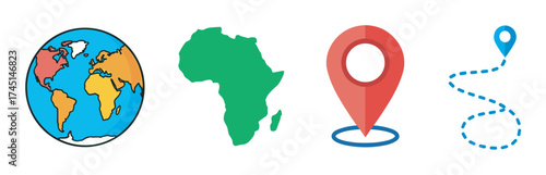Colorful icons depicting a globe, green africa silhouette, red location pin, and a dotted path leading to a blue map marker.