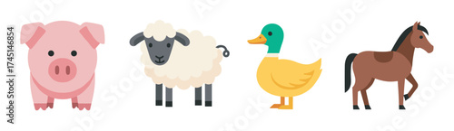 Cartoon-style farm animals including a pig, sheep, duck, and horse, depicted in simple and colorful designs.