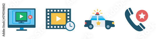 Colorful icons featuring a computer monitor, filmstrip, police car, and telephone, each symbolizing different digital and communication concepts.