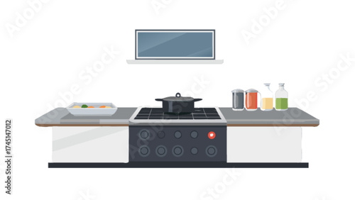 Kitchen interior design cooking pot stove countertop utensils flat design illustration scene