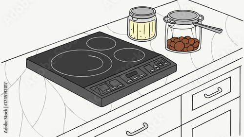 Illustration of a modern induction cooktop stove on kitchen counter with food jars and cabinets