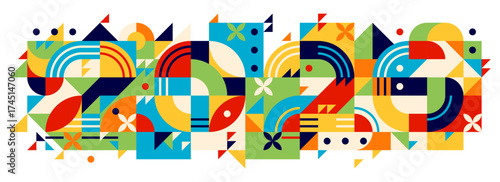 2026 Christmas and new year banner. Vector colorful geometric background made of vibrant abstract shapes, lines and patterns. Bold, playful modern calendar or greeting card in retro contemporary style