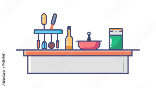 Kitchen counter with utensils and bottle illustration vector design for culinary blog and website