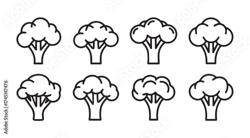 Collection of eight broccoli florets icons set healthy food ingredient organic vegetable outline art vector