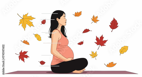 Pregnant woman meditating in lotus position on yoga mat, surrounded by falling autumn leaves. Concept of peaceful pregnancy, wellness, and seasonal change.