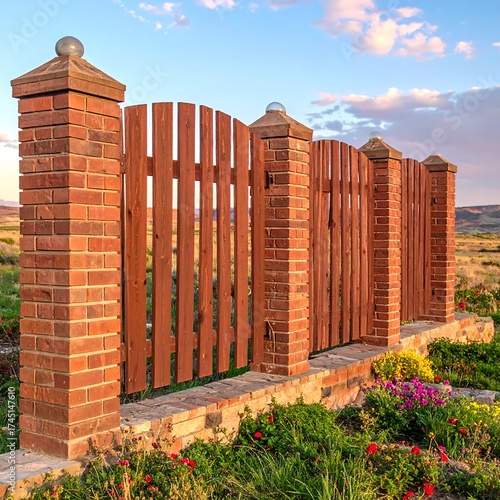 Wooden fence with brick pillars, sunset scene