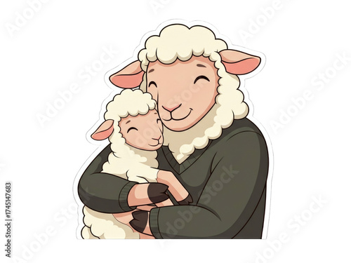 A loving mother sheep wearing a sweater tenderly hugging her adorable baby lamb.