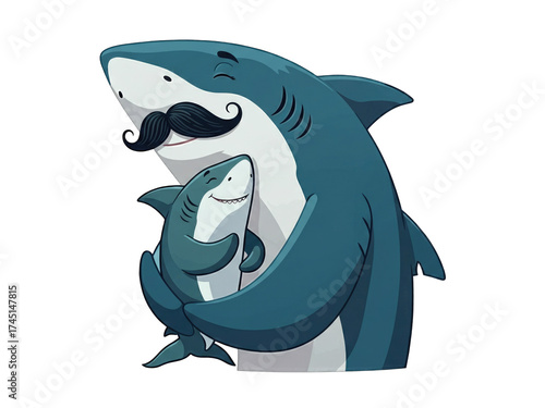 A large shark with a mustache hugging a smaller shark, symbolizing fatherhood and family love.