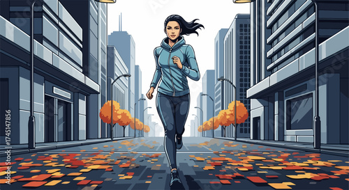 Woman running city street, colorful autumn leaves on pavement. Focused woman running city, exercising outdoors among urban buildings. Dynamic woman running city scene, for fitness, active lifestyle,