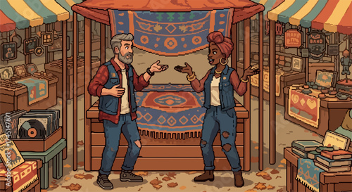 Man and woman engaging at bustling flea market stall, various antique items for sale. Old rugs, records, lamps adorn rustic flea market booths.