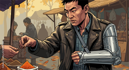 Bionic arm market scene with an Asian man examining vibrant spices at an outdoor stall, showcasing prosthetic technology.