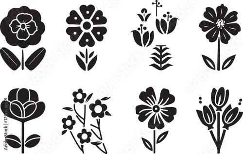 Collection of eight stylized floral silhouettes