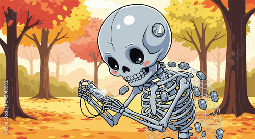 Cute skeleton holds a glowing object in autumn, showcasing an endearing image. Cute skeleton figure with big eyes poses in an autumnal scene, emphasizing cartoon character design.
