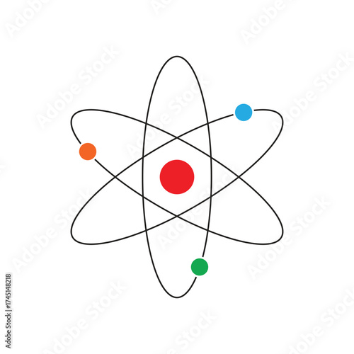 Colorful Atom Model with Electrons on White Background