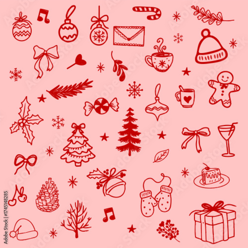 Hand drawn Christmas doodle icon watercolor