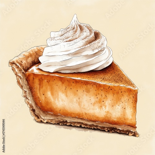 Wallpaper Mural Watercolor Slice of Pumpkin Pie with Whipped Cream Topping on Beige Background Torontodigital.ca