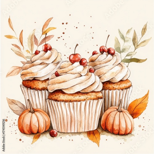 Wallpaper Mural Watercolor Style Cupcakes with Cream Frosting, Cherries, and Pumpkins on Creamy Background Torontodigital.ca