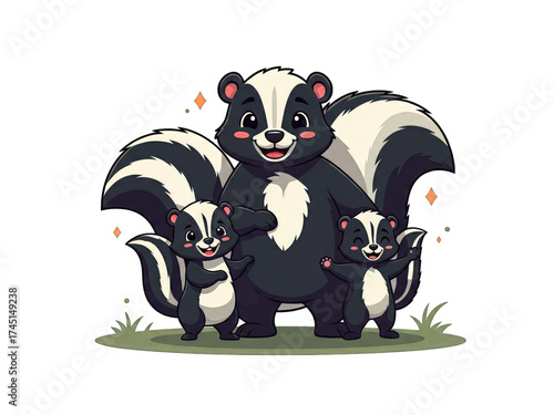 A cute cartoon skunk family, with a parent and two baby skunks, standing on grass with sparkling details.