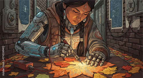 Bionic artisan meticulously working on glowing autumn leaves with specialized tool. Creative bionic artisan shaping light within intricate foliage, blending advanced technology with natural beauty.